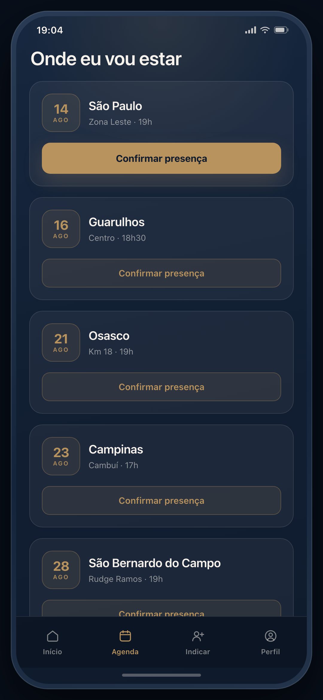 Tela de agenda do aplicativo geral, com o calendário de eventos organizado por cidade e região.