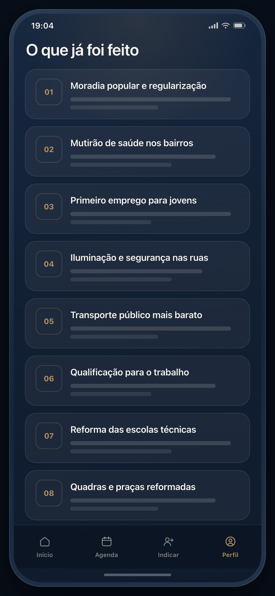 Tela de projetos do aplicativo geral, listando as frentes de trabalho do candidato.