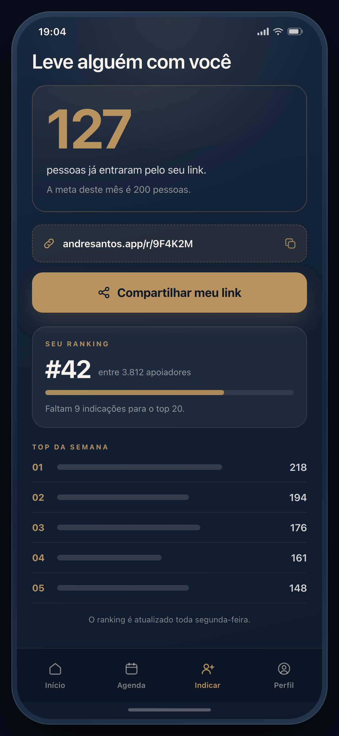 Tela de indicação do aplicativo geral, com link rastreável, contagem de convidados e ranking.