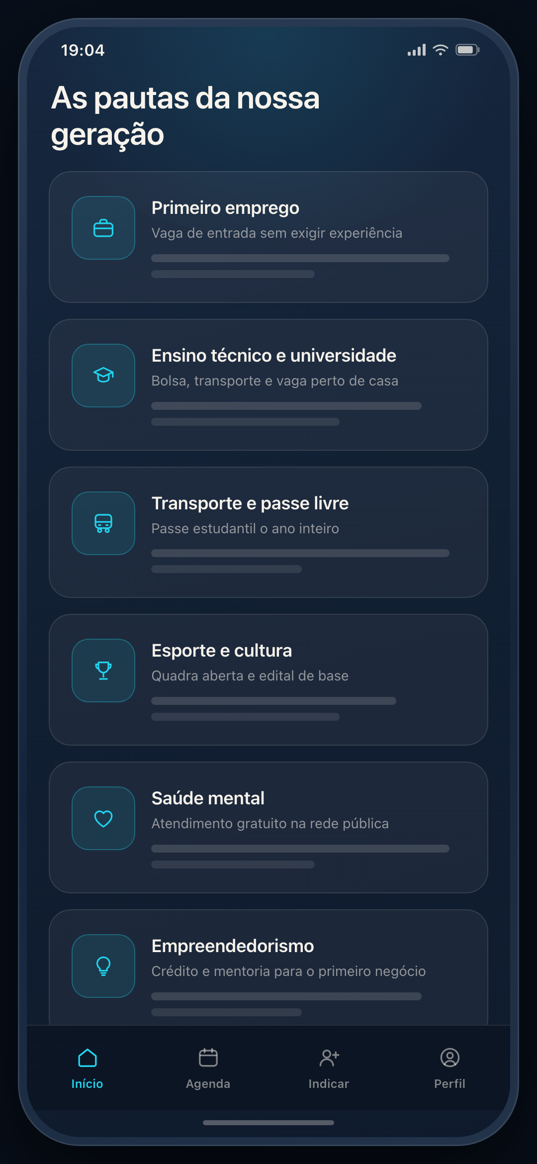 Tela de pautas do aplicativo dos jovens, com os temas da juventude.