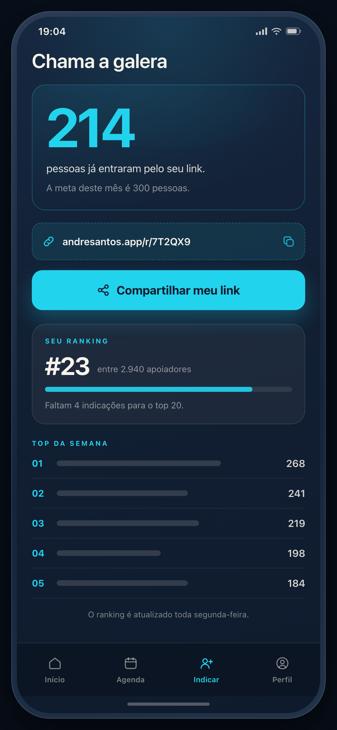 Tela de indicação do aplicativo dos jovens, com link rastreável e ranking.