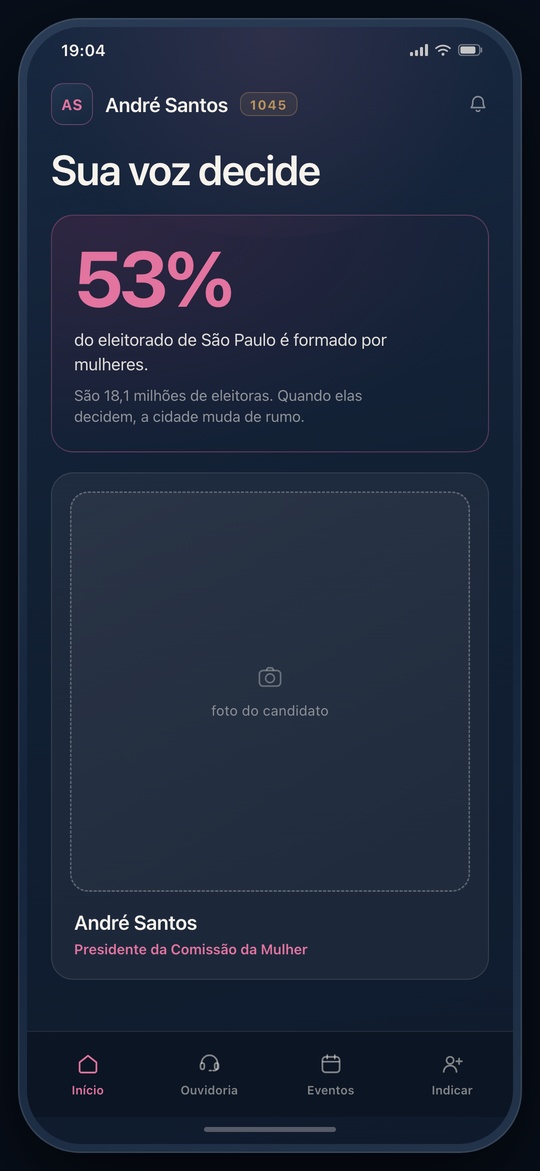 Tela inicial do aplicativo das mulheres, com a capa do candidato e o conteúdo sobre a história das mulheres nas votações.