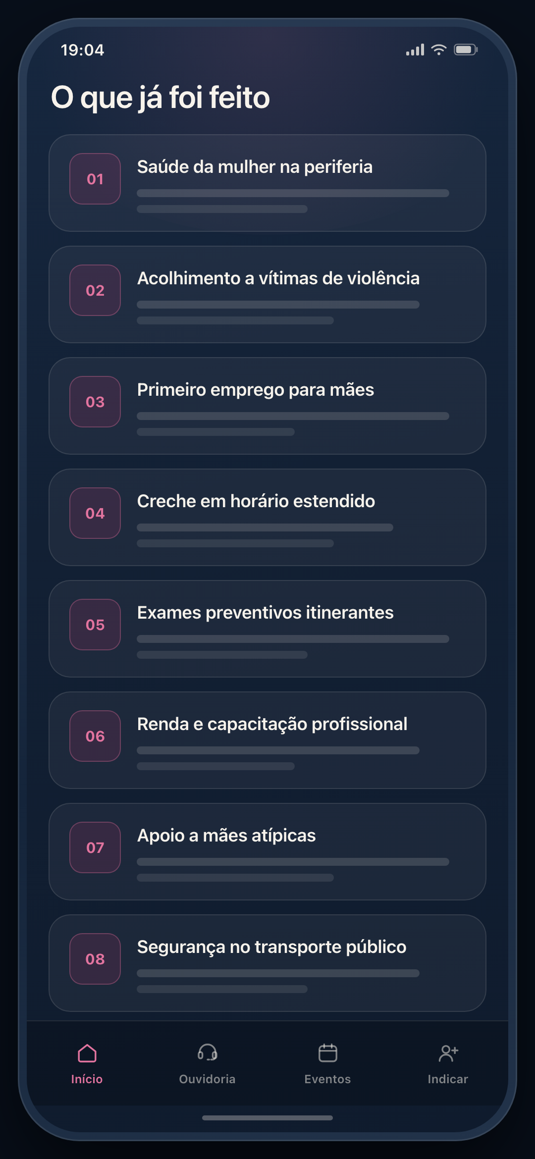 Tela de projetos do aplicativo das mulheres, listando os projetos de André Santos voltados às mulheres.